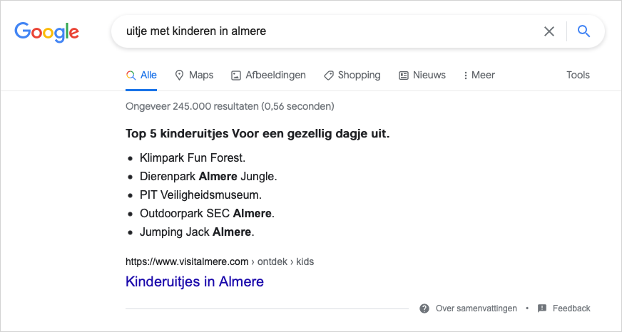 Voorbeeld van Google Samenvatting voor de zoekzin: uitje met kinderen in Almere