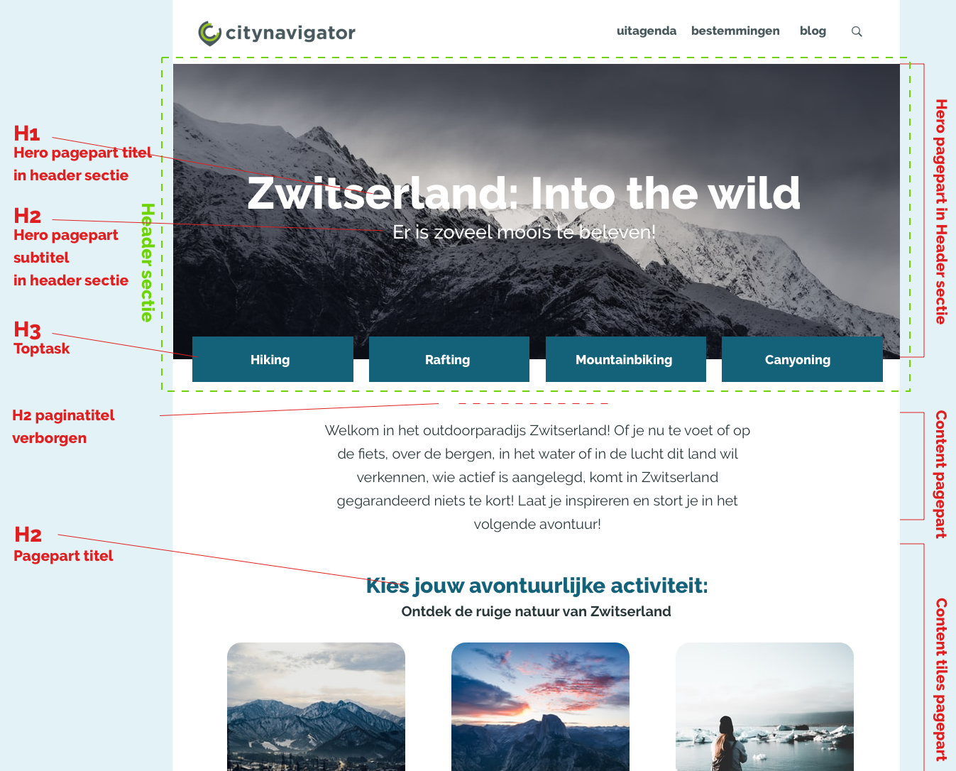 Screenshot van website met correcte semantische opbouw van de pagina inclusief toptaken