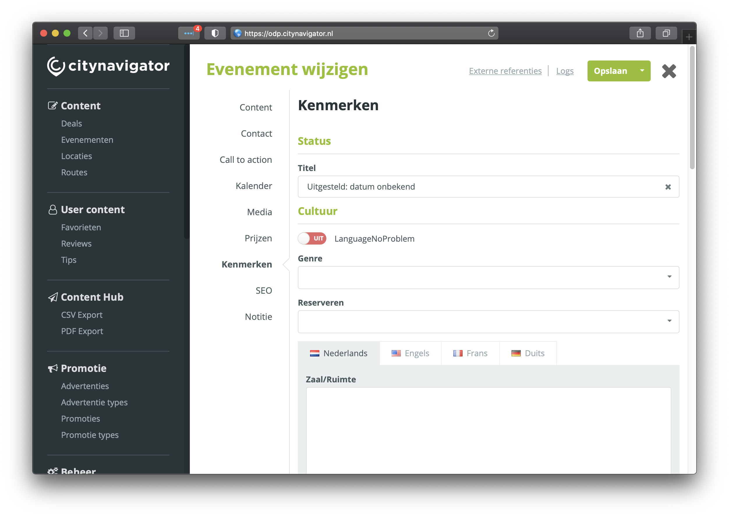 Screenshot met interface om statussen in te voeren